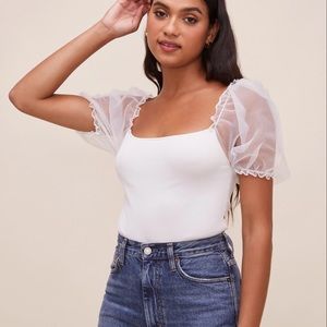 BOOHOO WHITE SHEER PUFF SLEEVE BODYSUIT